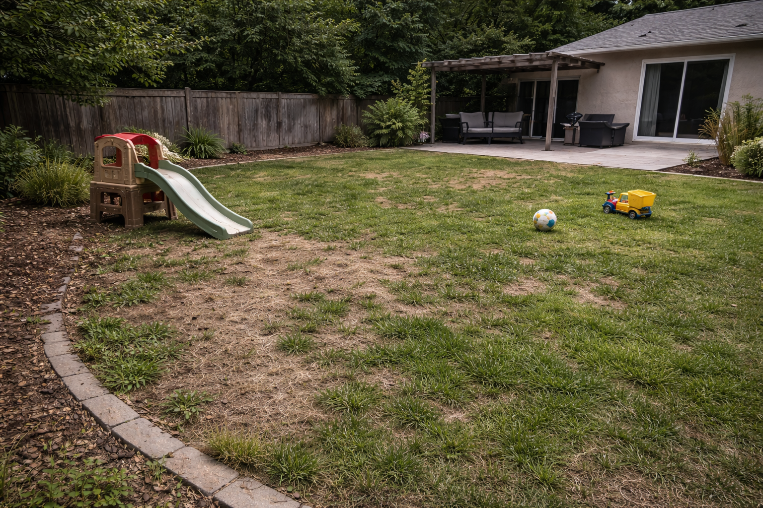 Before - patchy dead grass backyard